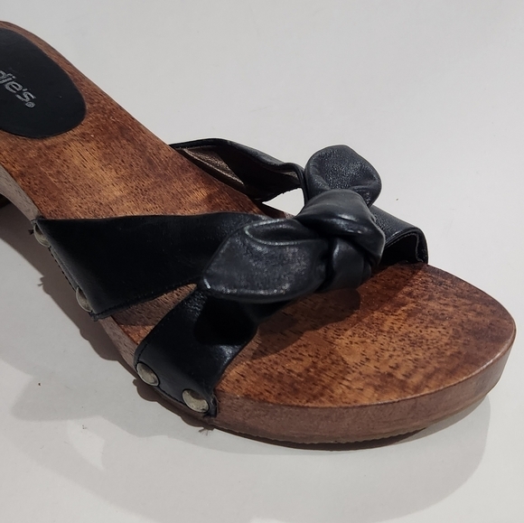 Vintage 80's Wood and Leather Candies Mule Sandal Heel sz 8 - Picture 11 of 12